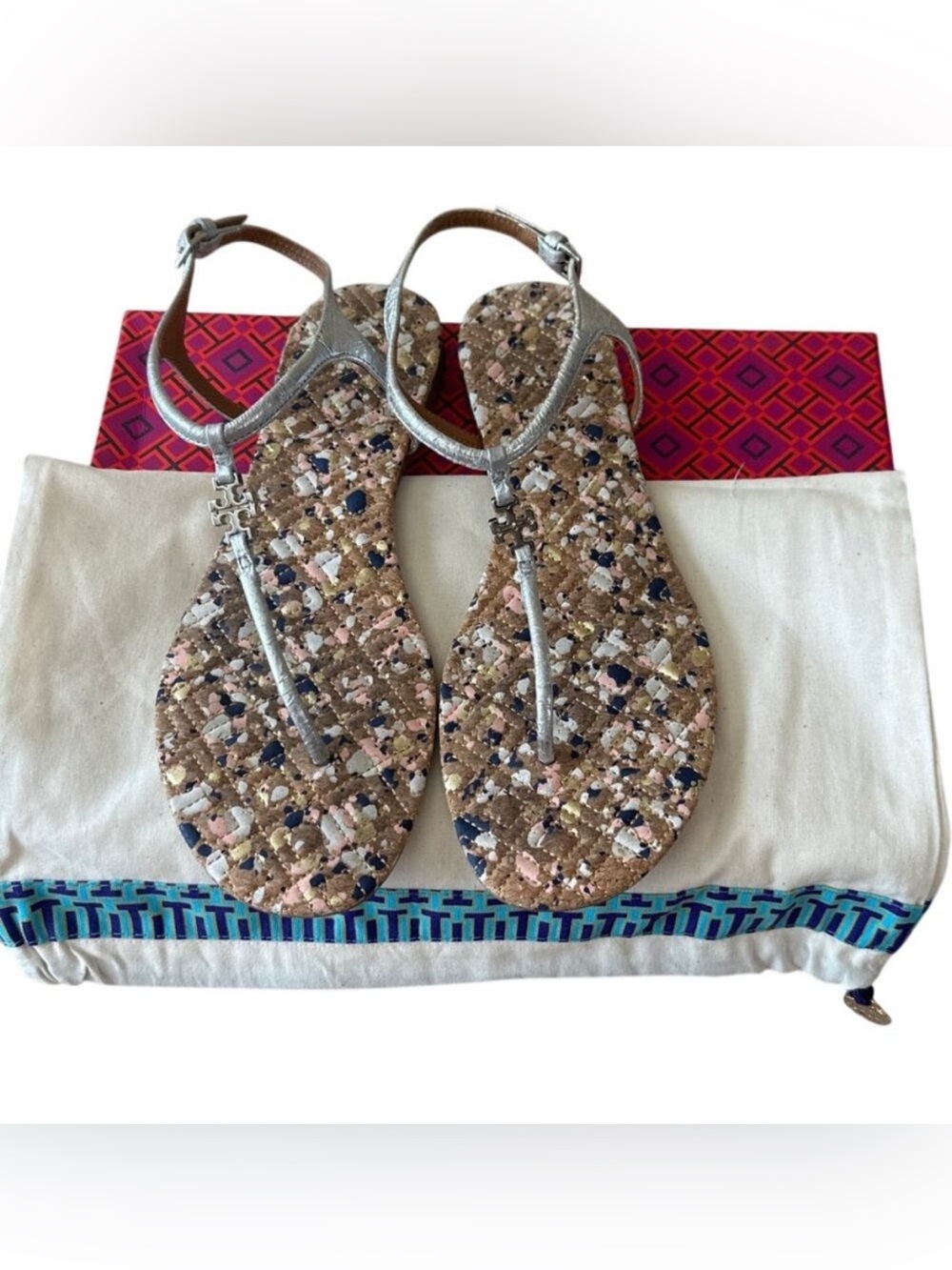 Tory Burch Marion Silver Quilted Sandals 8